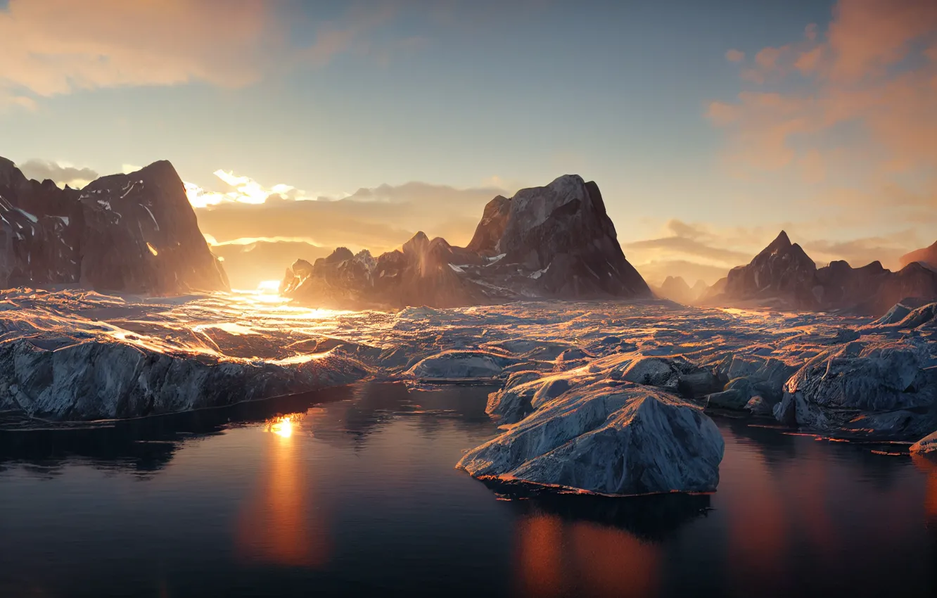 Photo wallpaper ice, winter, the sky, landscape, nature, ice, pond, AI art