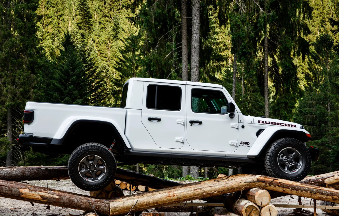 Photo wallpaper forest, white, SUV, pickup, Gladiator, logs, 4x4, obstacle