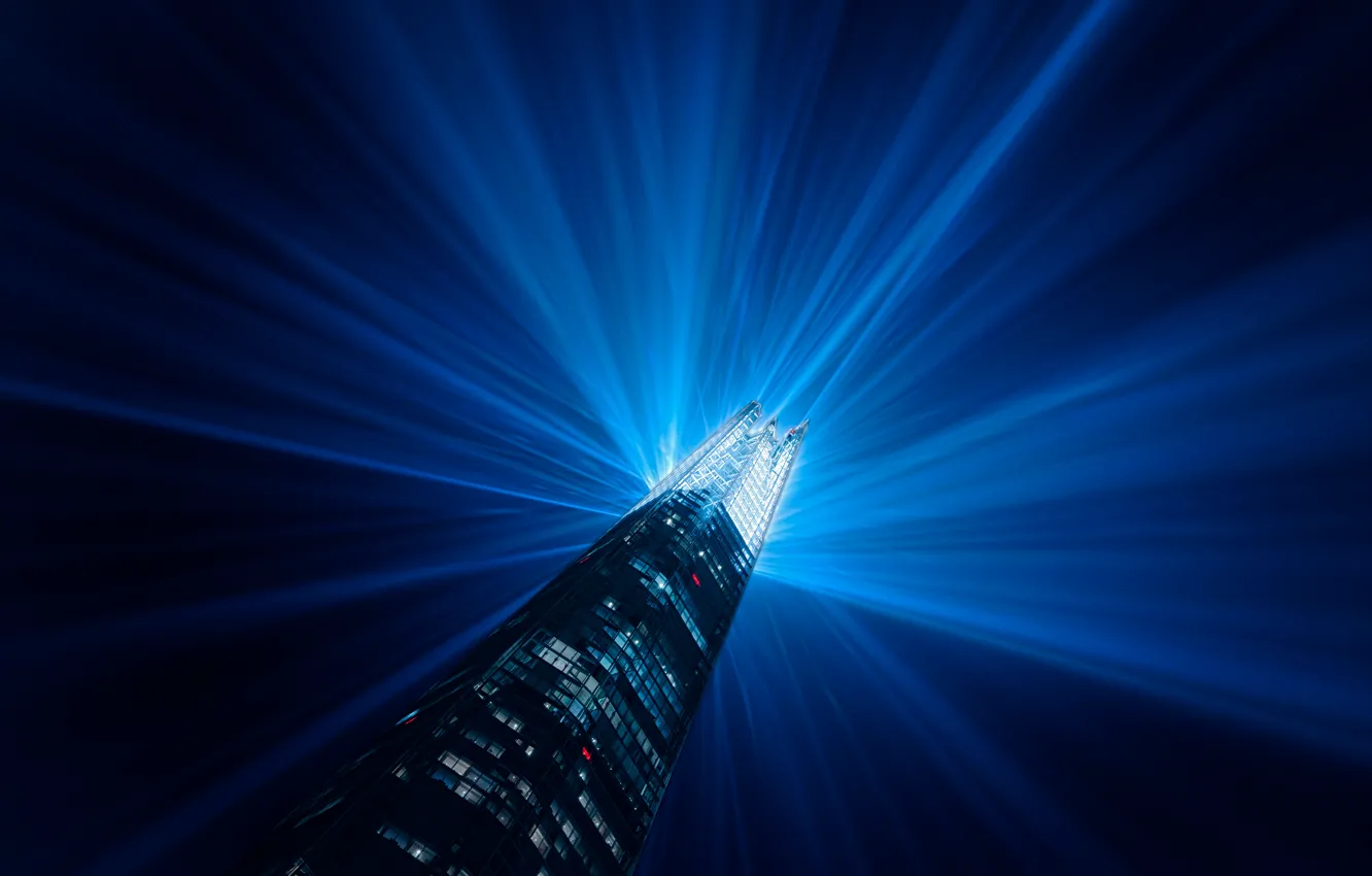 Photo wallpaper night, skyscraper, London, England, building, light beams, illuminated, shard lights