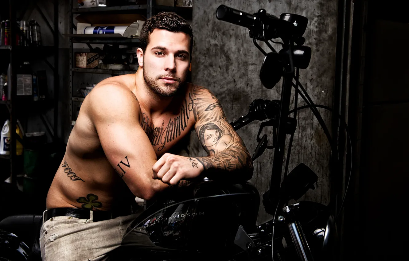 Photo wallpaper man, Harley, motorcycle, tattoo, male, Harley Davidson