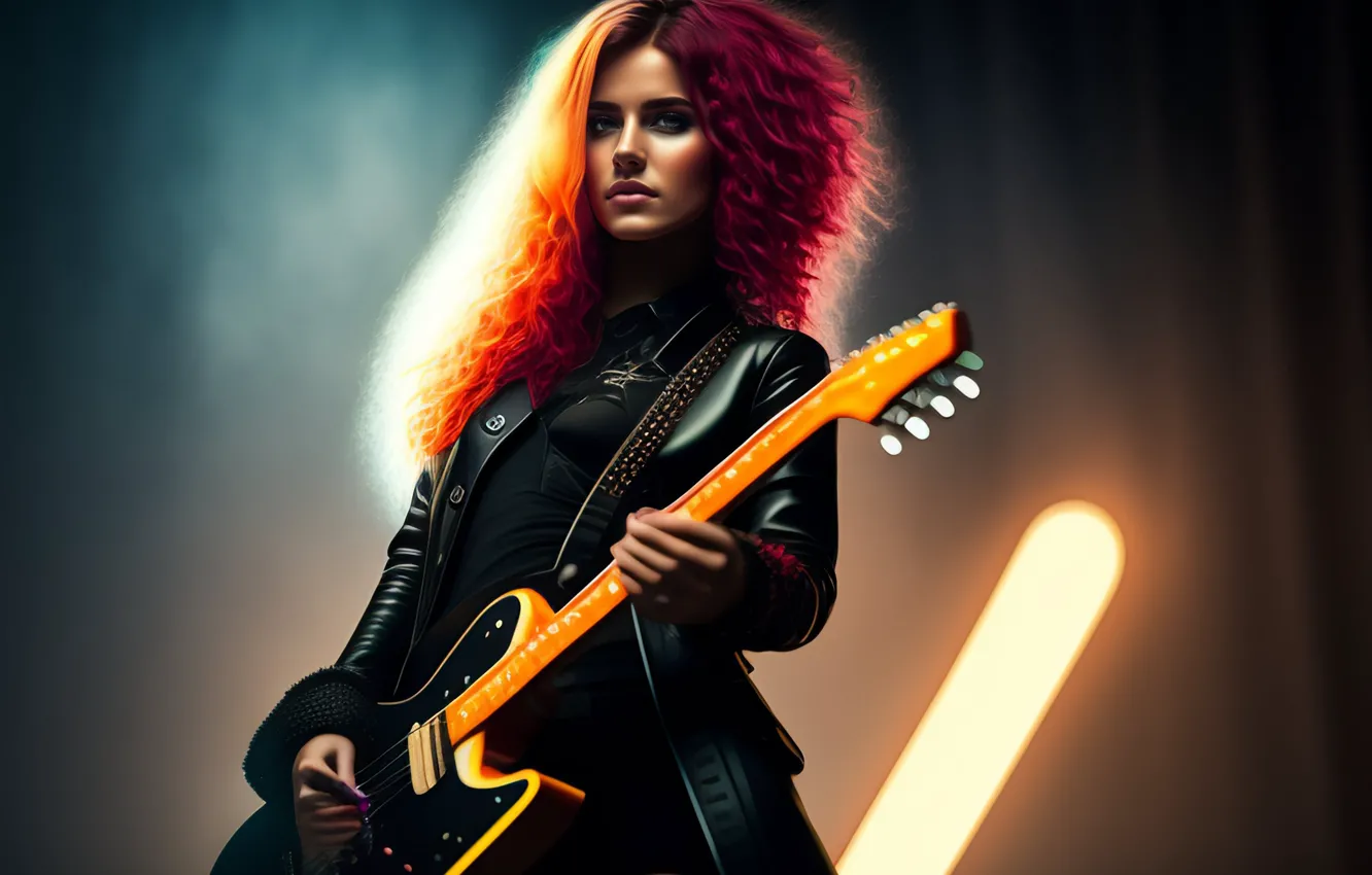 Photo wallpaper look, girl, light, pose, music, the game, guitar, redhead