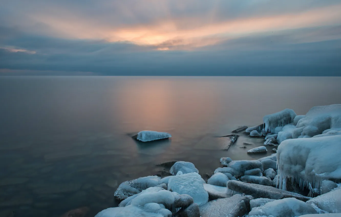Photo wallpaper ice, winter, lake, stones, Ontario