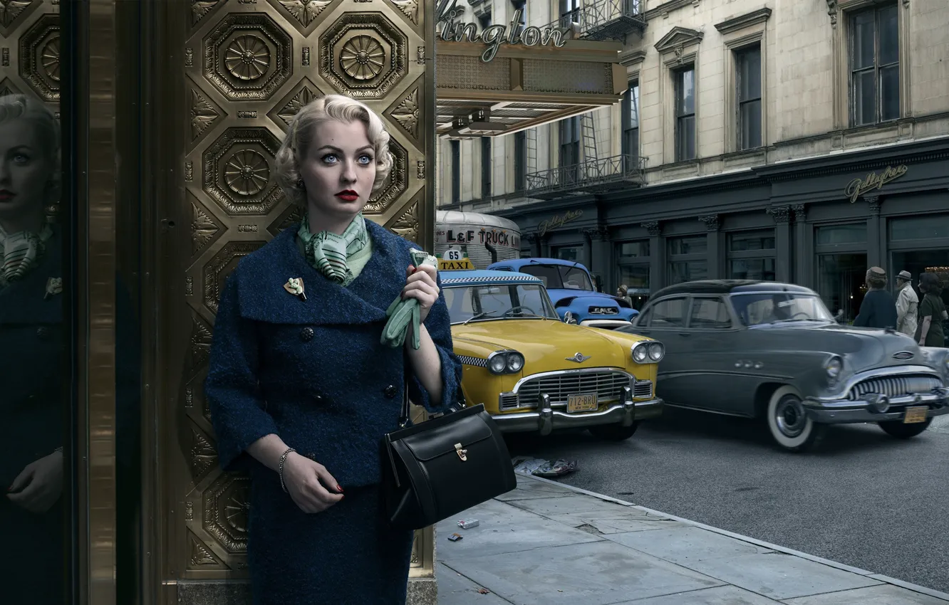Photo wallpaper girl, the city, retro, street, New York, lipstick, hairstyle, costume