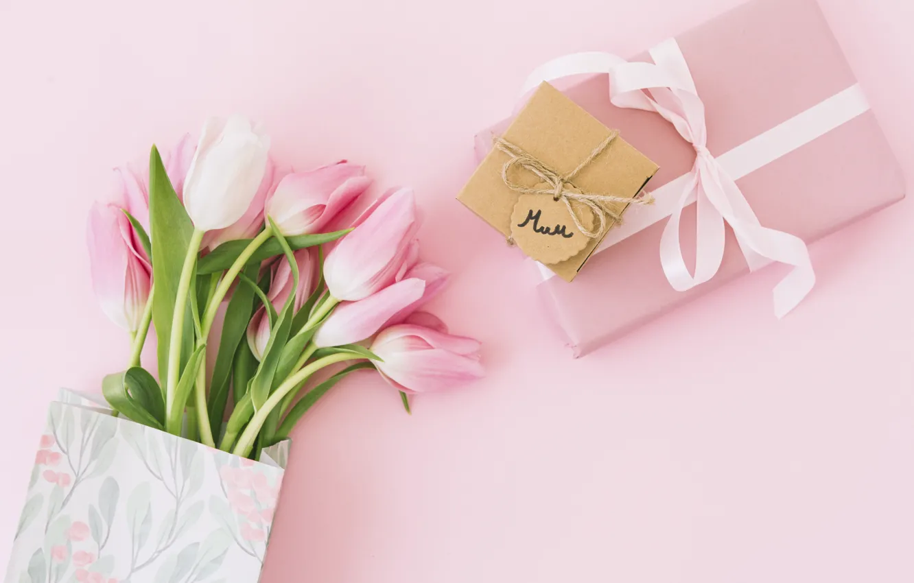 Photo wallpaper background, pink, gift, bouquet, tape, tulips, mother's day
