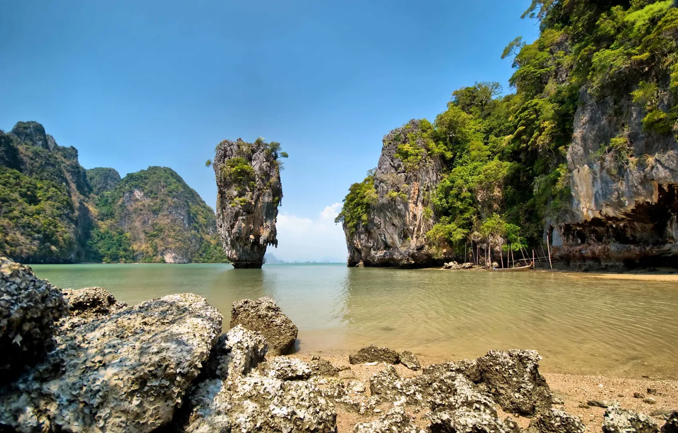 Photo wallpaper landscape, the ocean, rocks, Bay, Thailand, Thailand, Laguna, James Bond Island