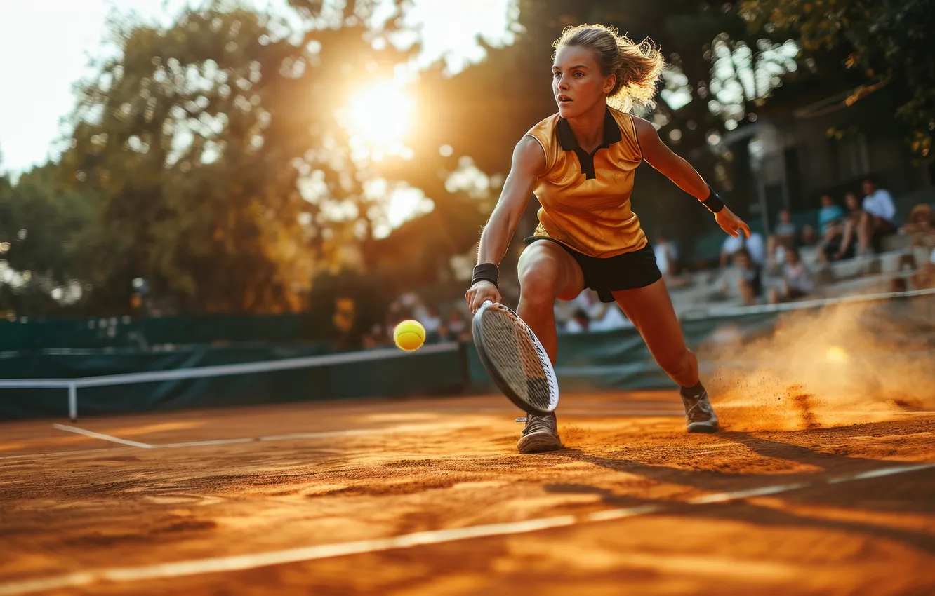 Photo wallpaper girl, the ball, racket, blow, tennis, court, digital art, AI art