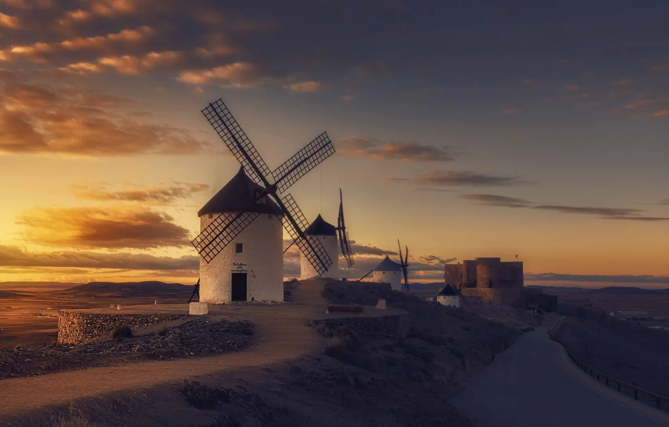 Photo wallpaper road, the sky, clouds, sunset, castle, dawn, slope, path