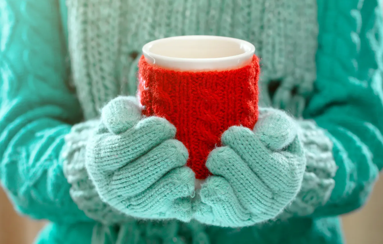 Photo wallpaper winter, hands, mug, winter, mittens, cup, cocoa, drink