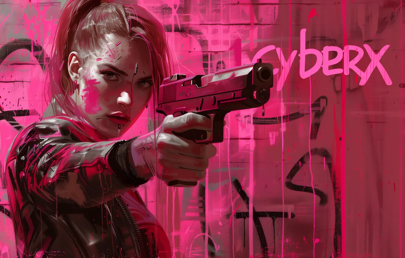 Photo wallpaper gun, pink, cyberpunk, women, punk, illustration, aiming, looking at viewer