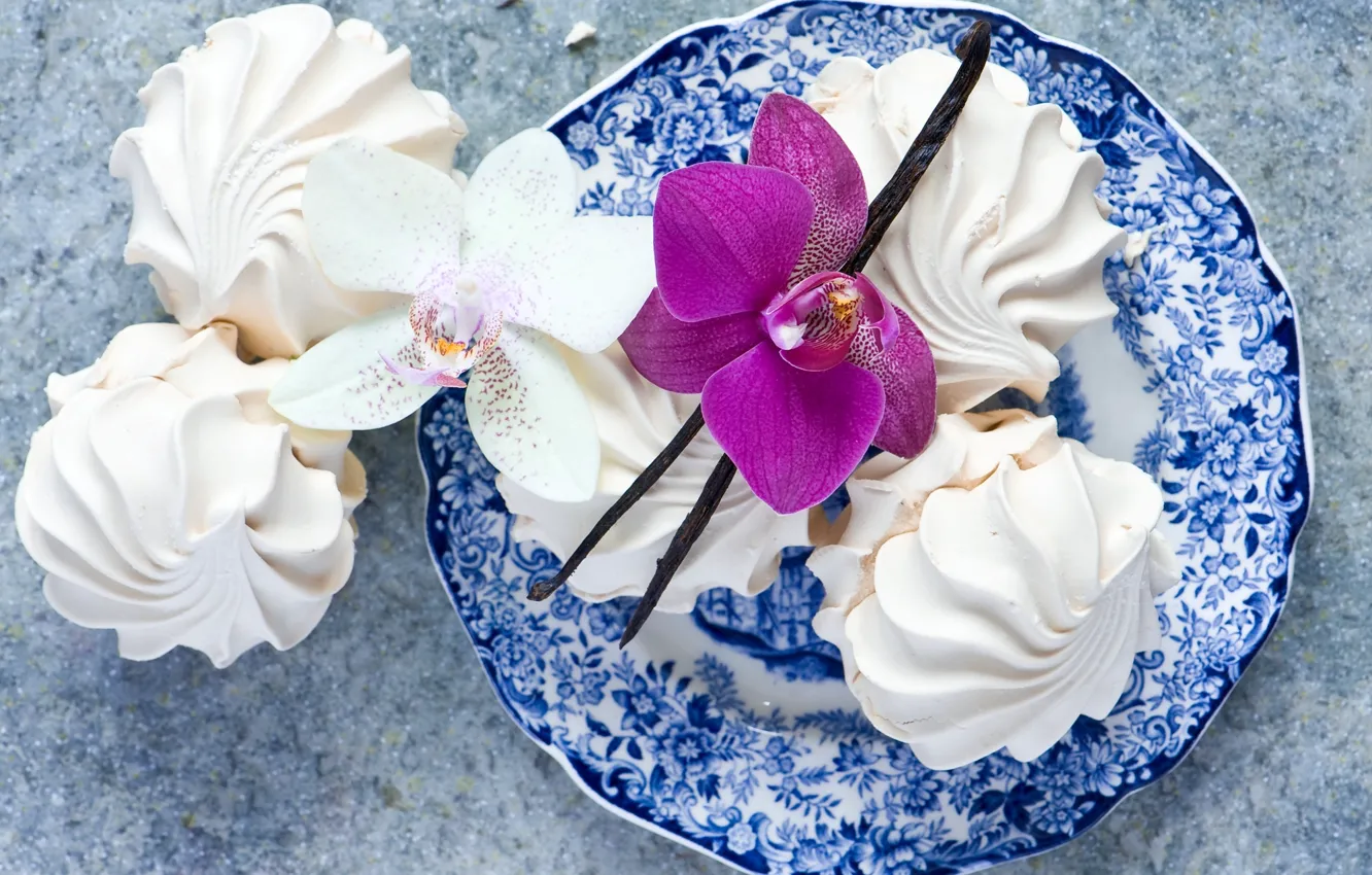 Photo wallpaper white, flower, pink, food, plate, sweets, dessert, Orchid