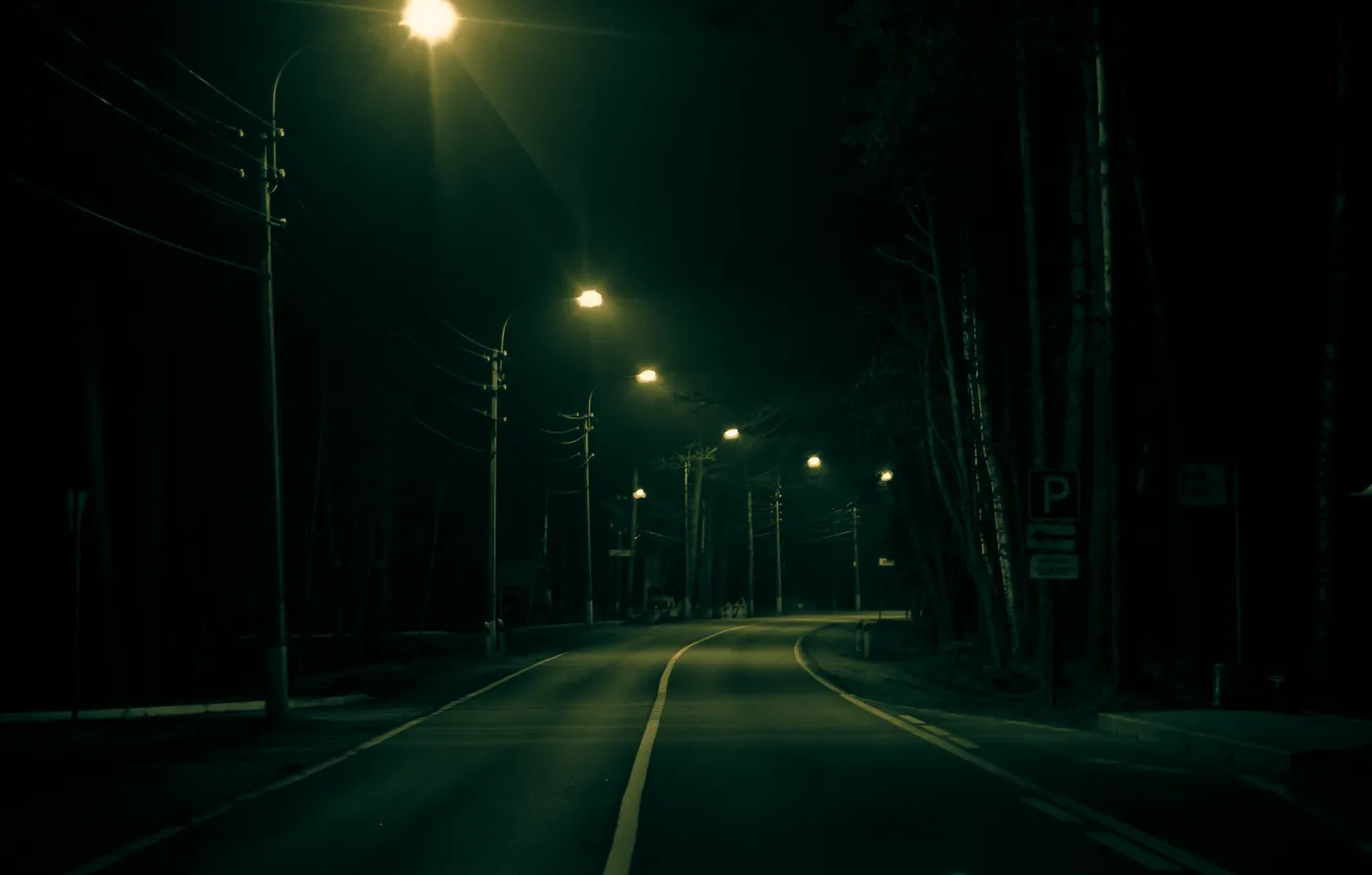 Photo wallpaper road, trees, markup, lights