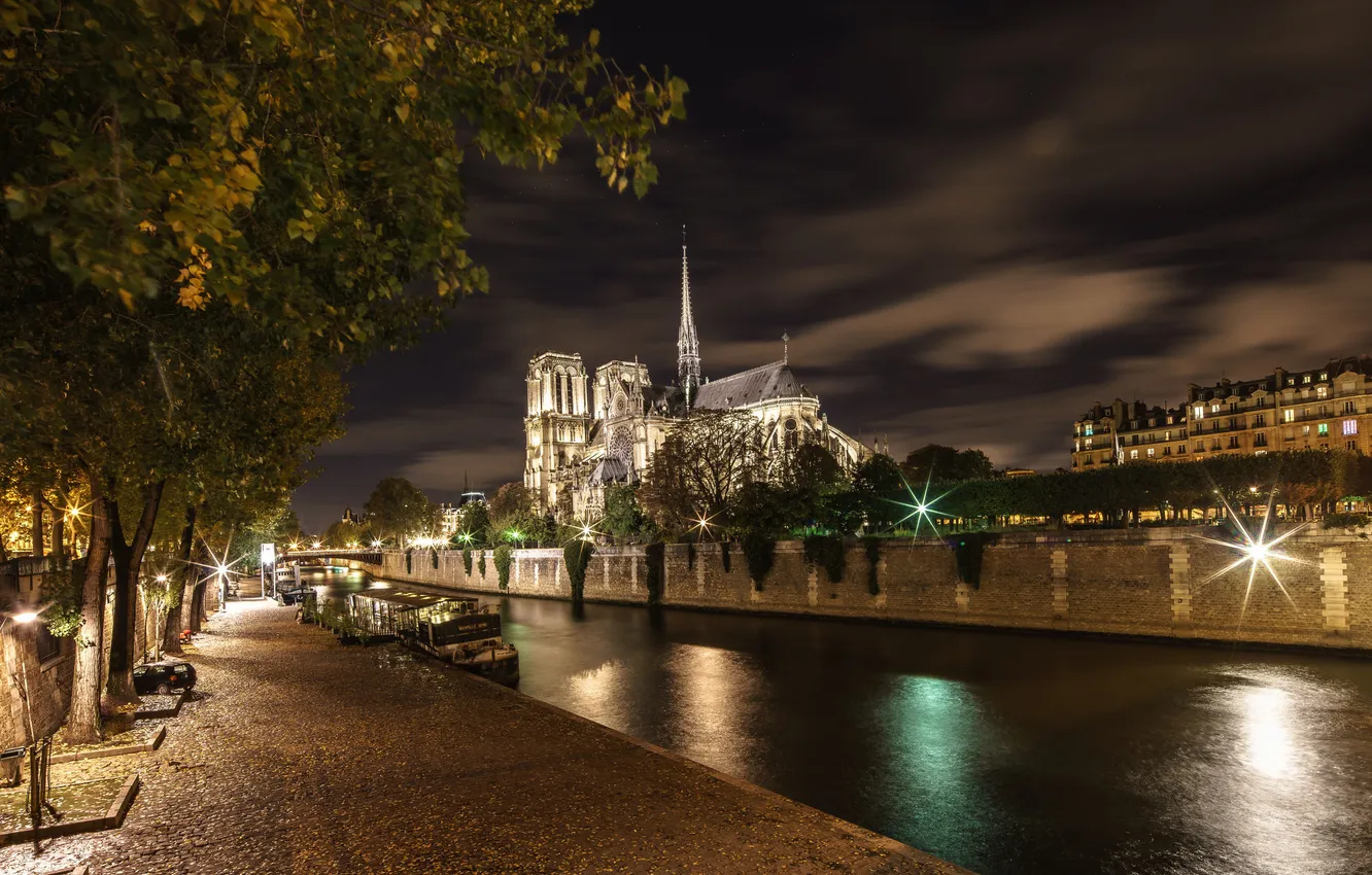 Photo wallpaper night, lights, river, France, Paris, Hay, Notre Dame Cathedral, the Ile de La Cité