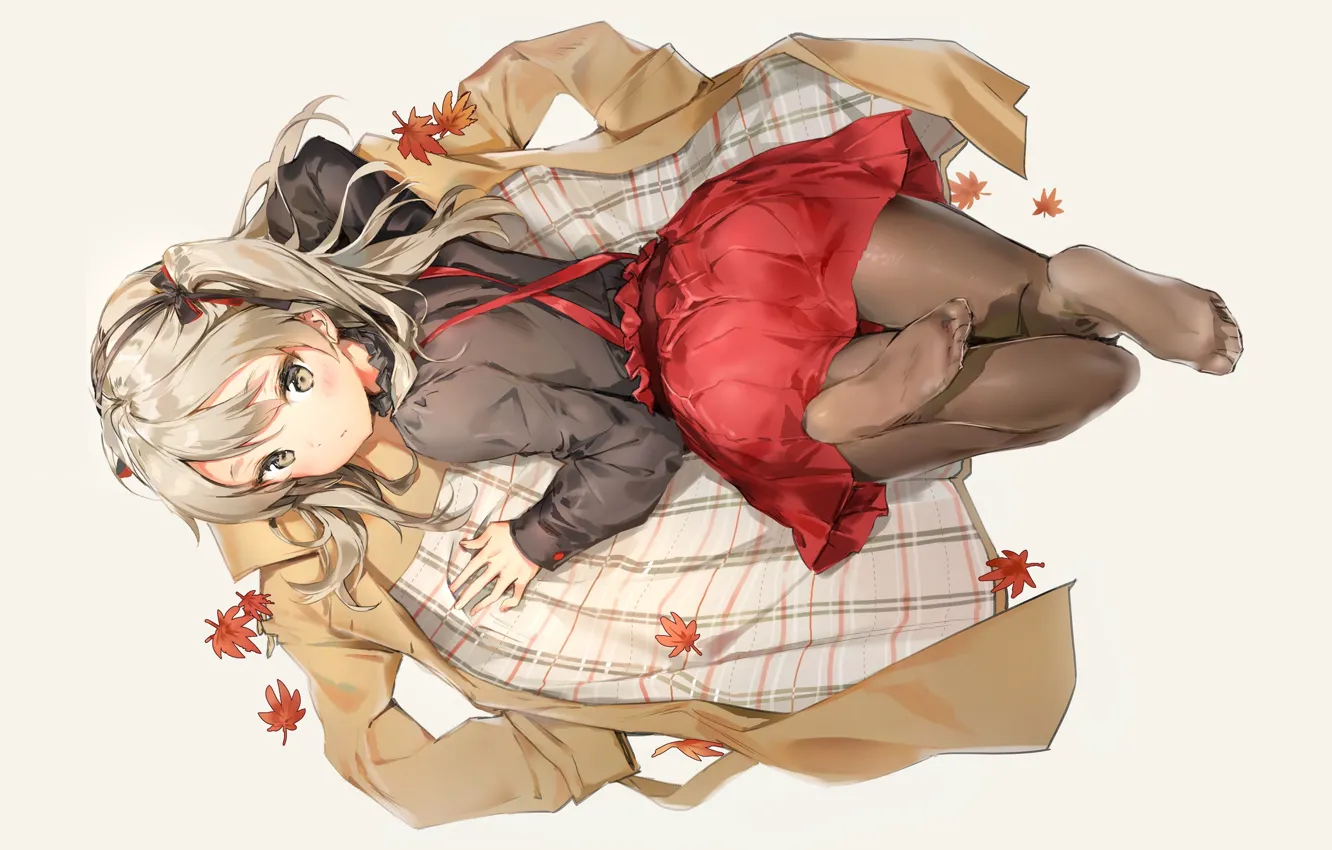 Photo wallpaper barefoot, tights, schoolgirl, cloak, grey background, maple leaves, red skirt, turning