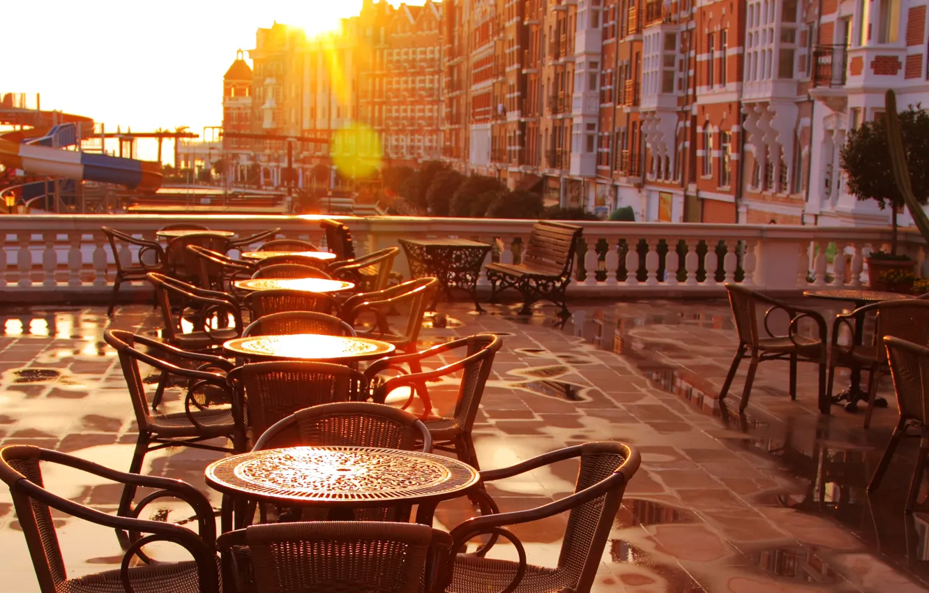 Photo wallpaper city, the city, chairs, tables, cafe, terrace, early in the morning, old-fashioned