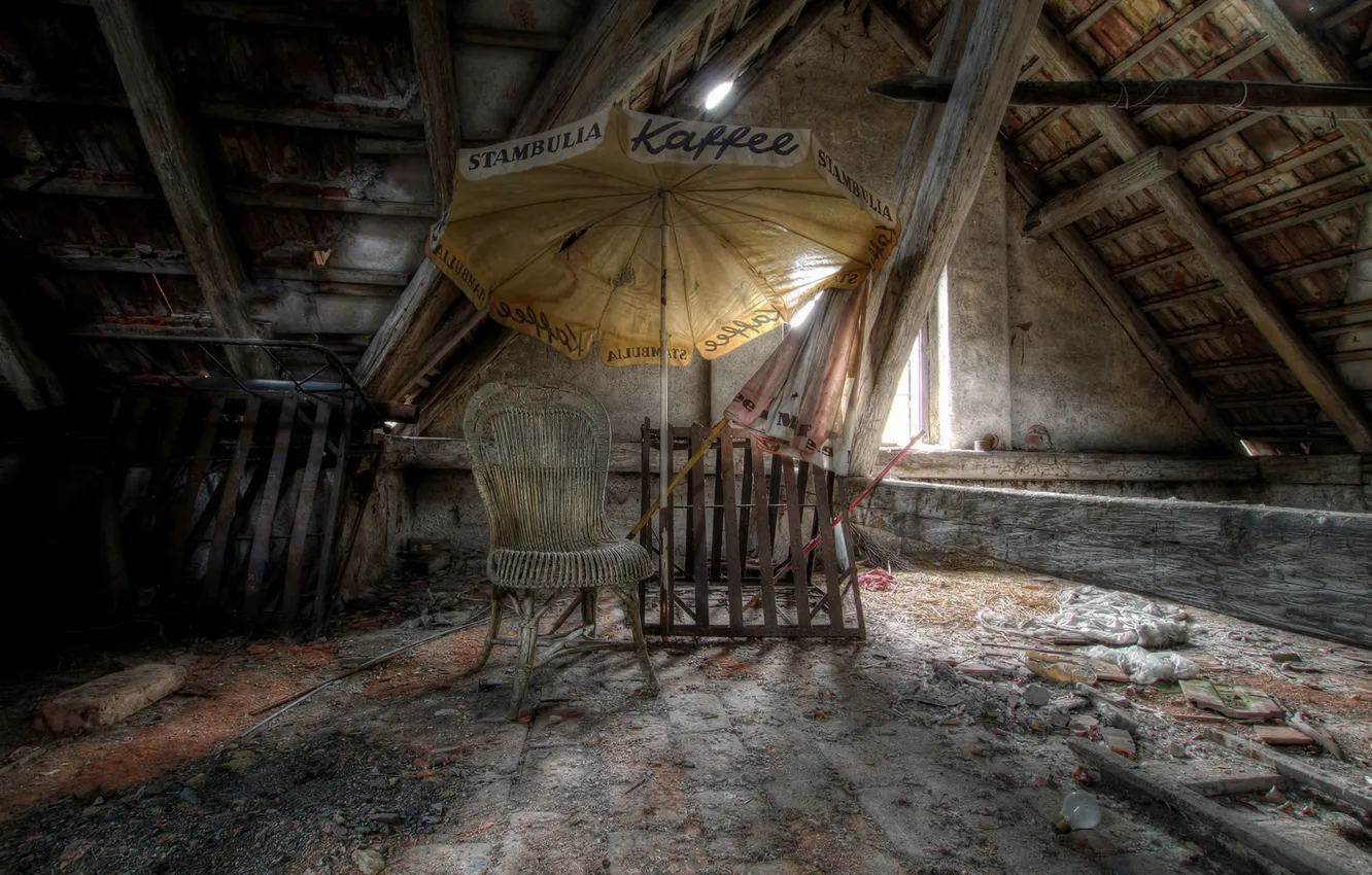 Photo wallpaper chair, umbrella, attic