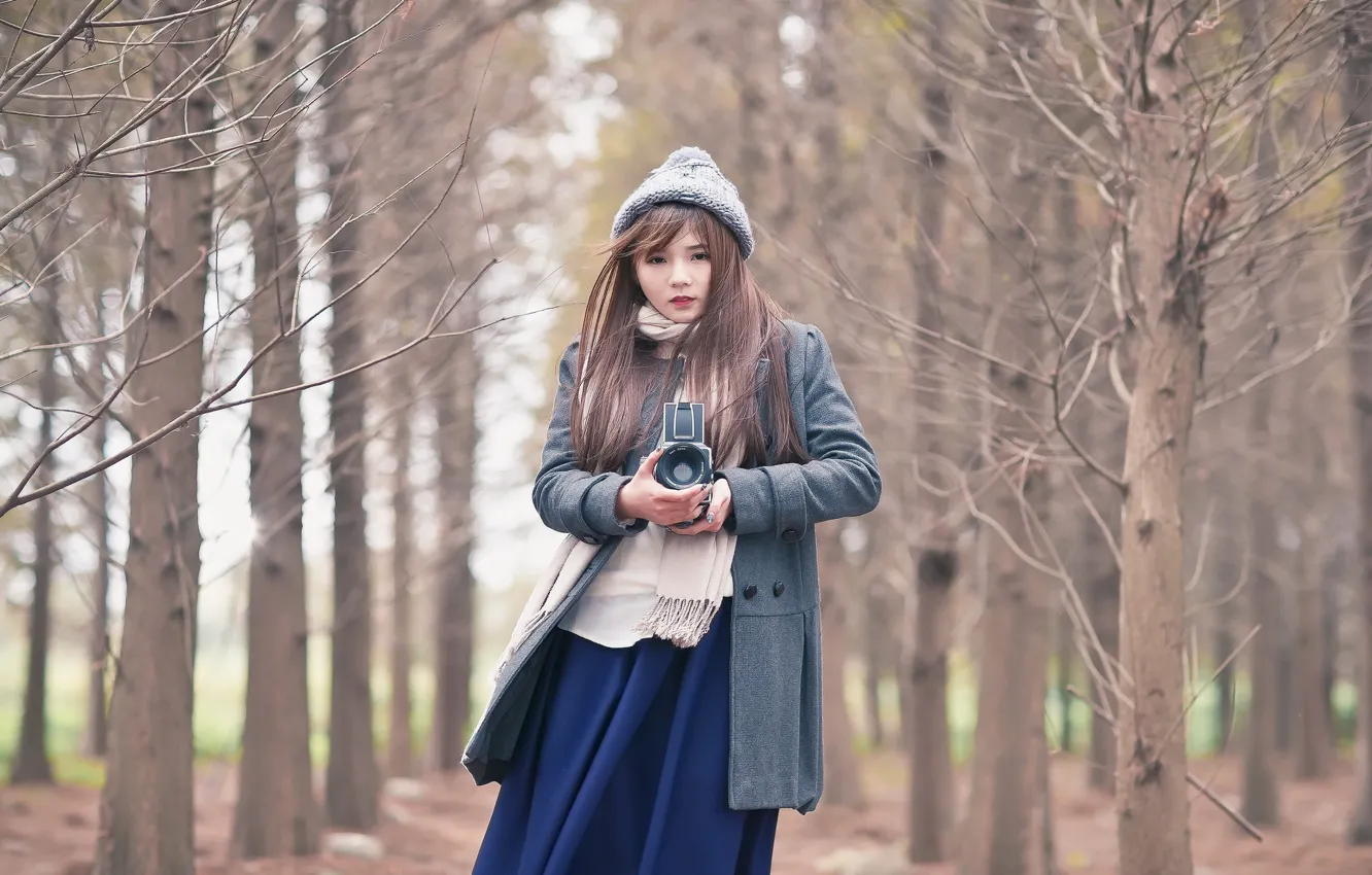 Photo wallpaper forest, girl, camera