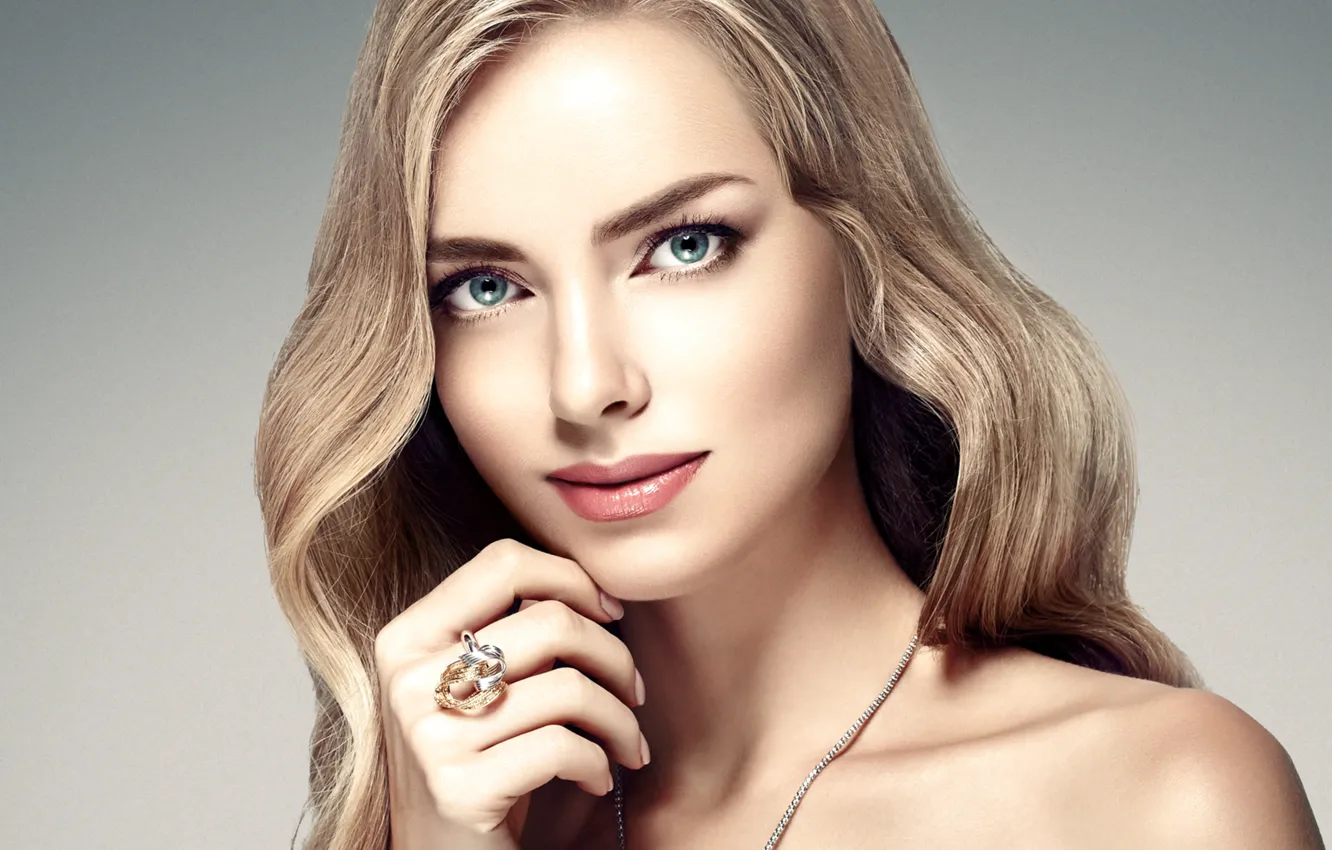 Photo wallpaper look, girl, portrait, hands, makeup, ring, hairstyle, blonde