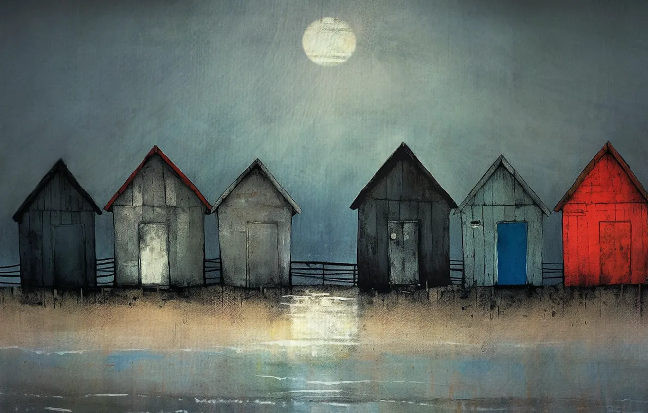 Photo wallpaper night, the moon, figure, house, Martin Sercombe