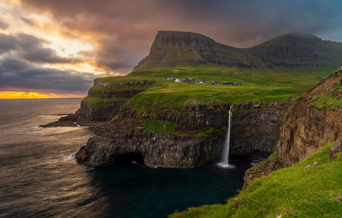 Photo wallpaper sea, the sky, grass, clouds, sunset, mountains, clouds, open