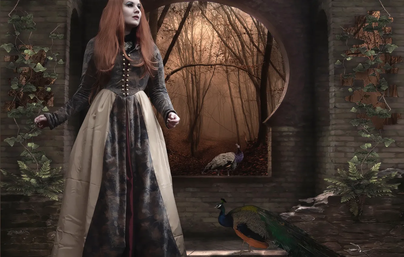 Photo wallpaper girl, bird, peacock, photoart