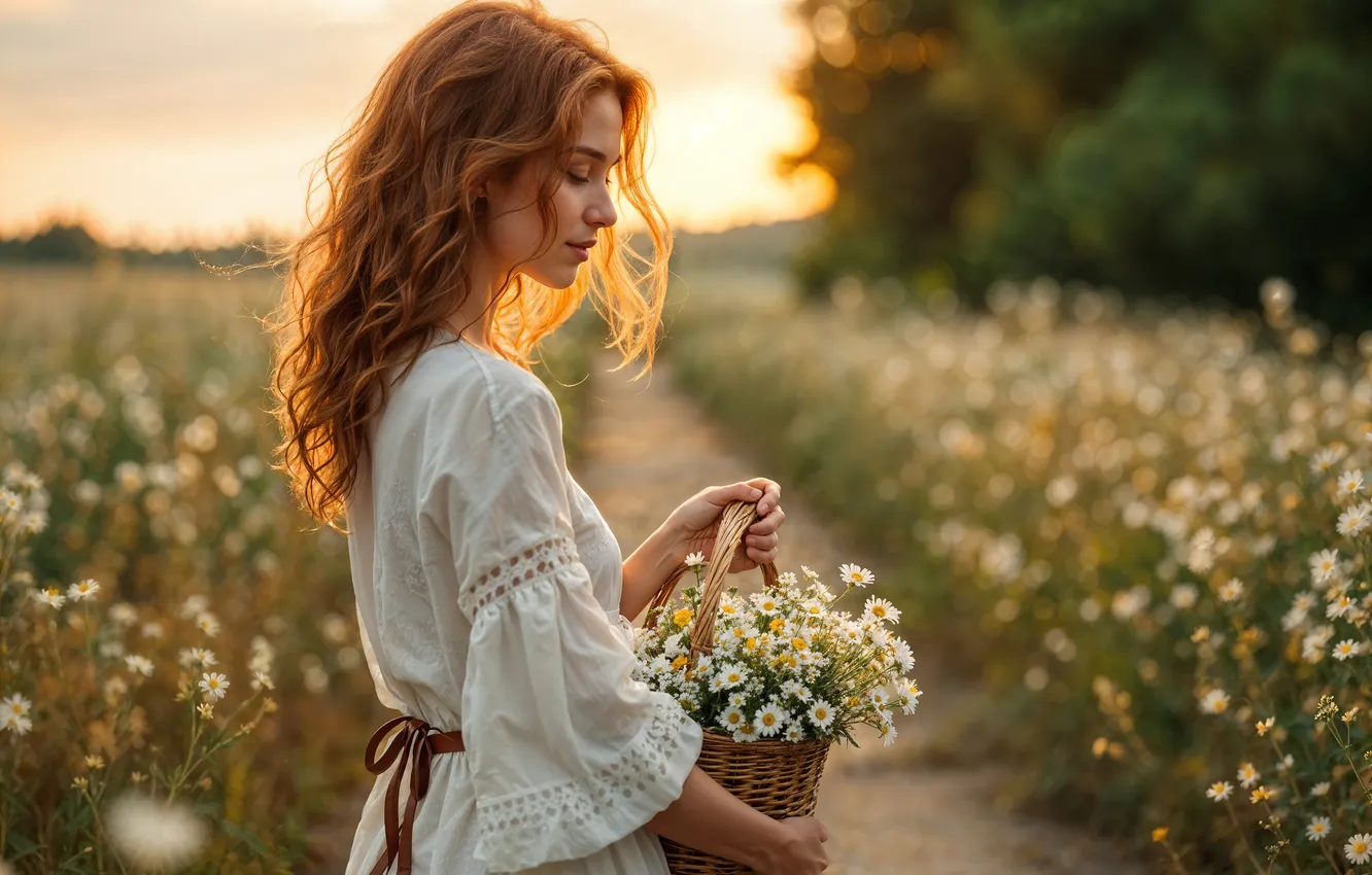 Photo wallpaper field, summer, girl, light, flowers, chamomile, bouquet, morning