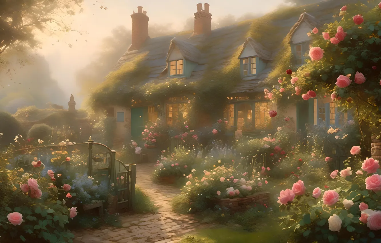 Photo wallpaper roof, summer, light, landscape, flowers, nature, fog, comfort