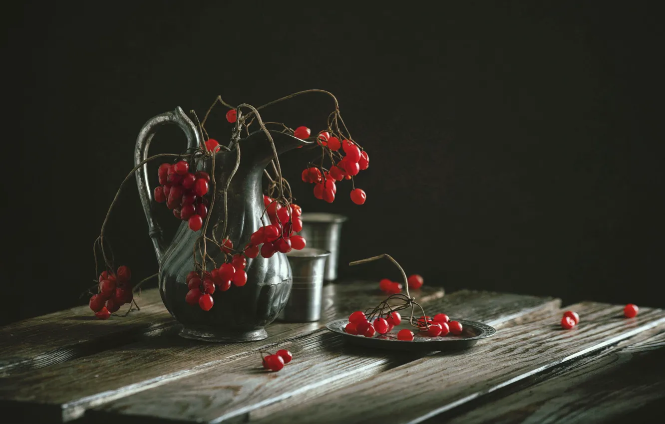 Photo wallpaper light, branches, red, metal, berries, the dark background, table, Board