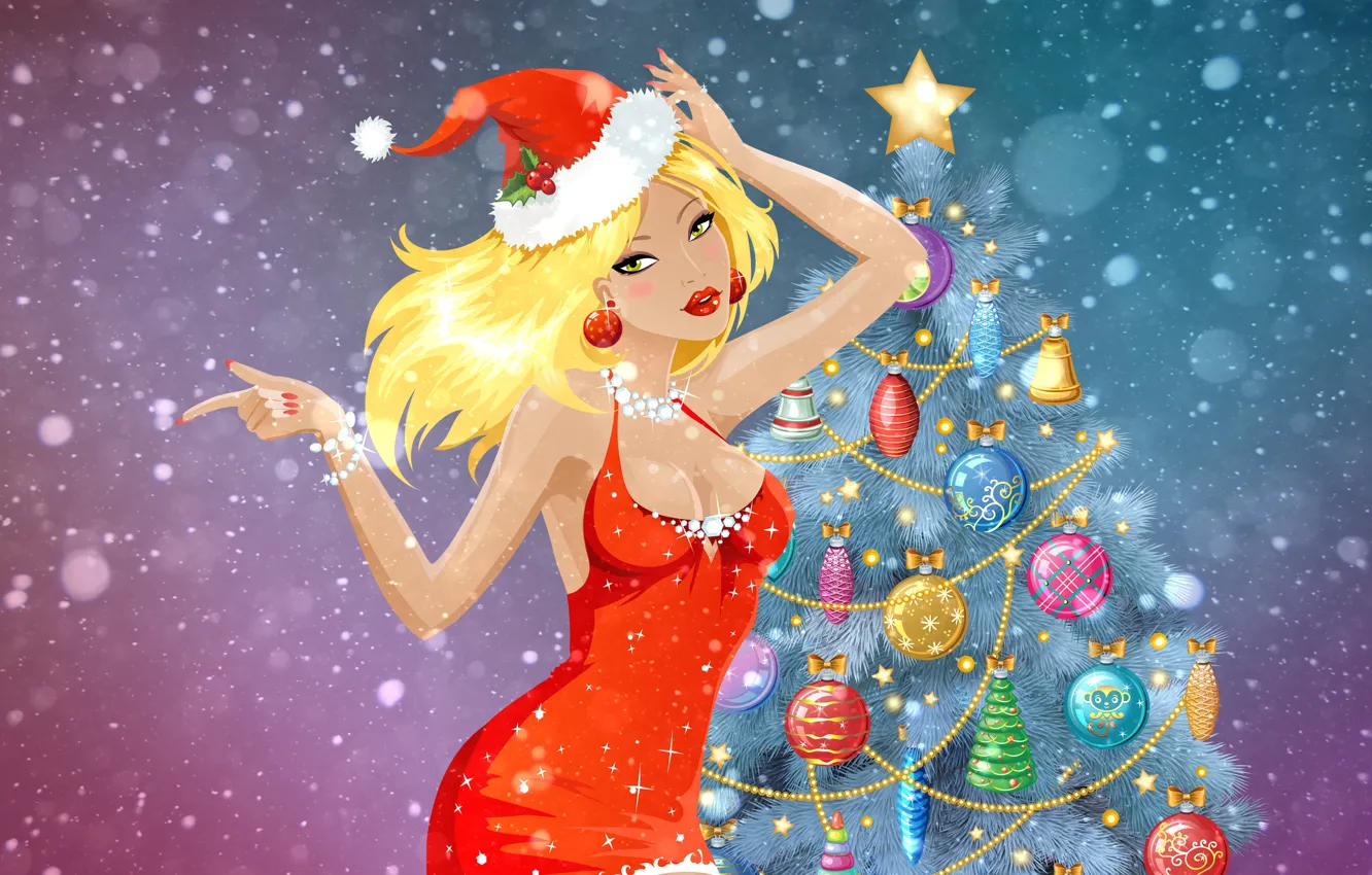 Photo wallpaper winter, girl, snow, background, holiday, tree, new year, blonde