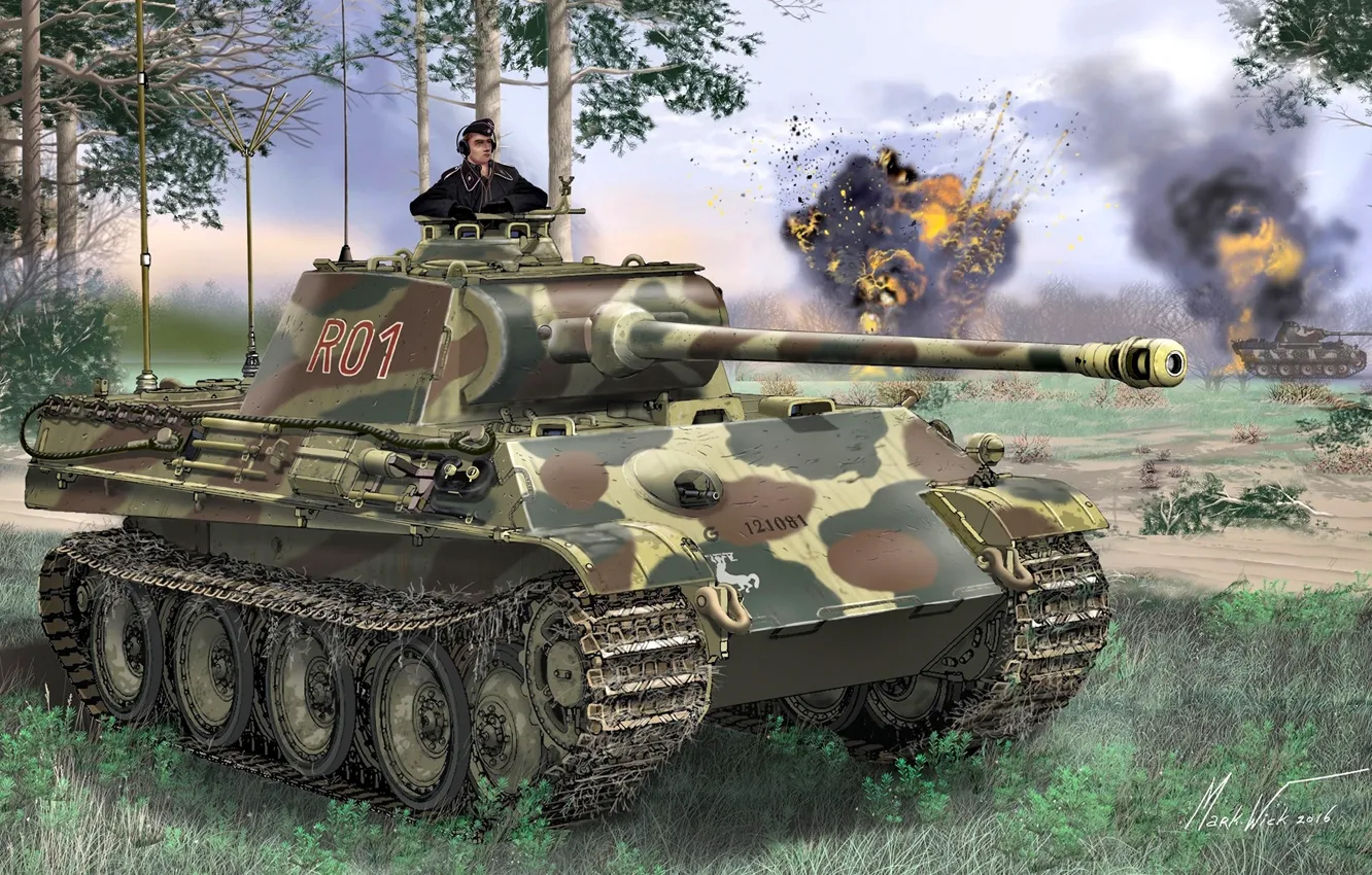 Photo wallpaper Grass, Germany, Panther, Pine, Tank, Panther, WWII, Tanker