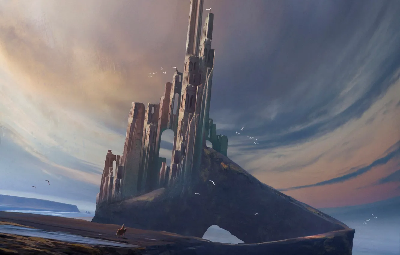 Photo wallpaper sea, the sky, clouds, bird, shore, tower, rider, return