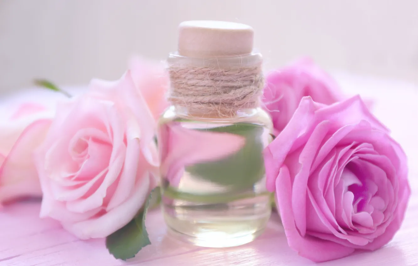 Photo wallpaper oil, roses, perfume, bottle, aroma, roses, perfume, oil