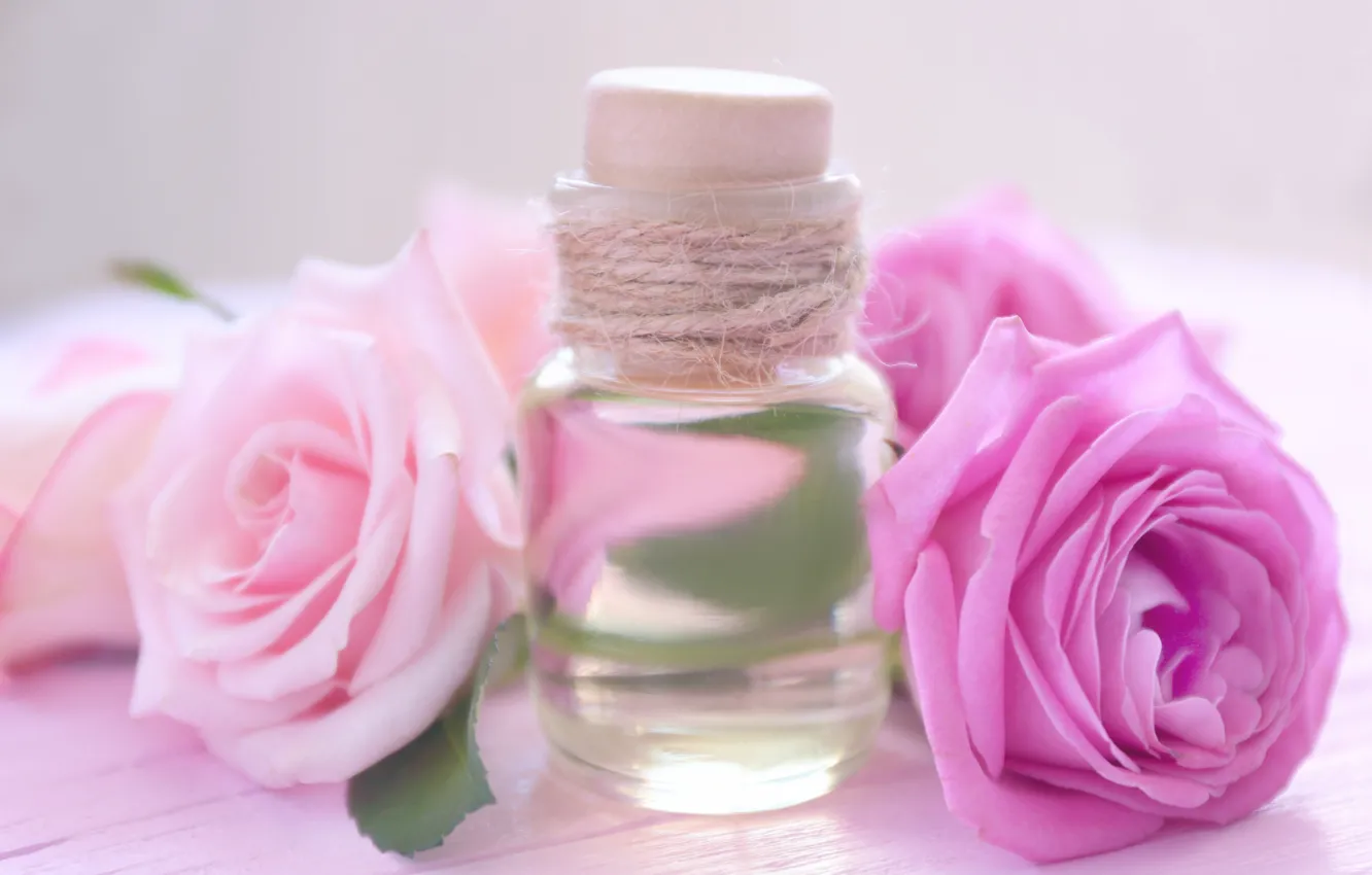 Photo wallpaper oil, roses, spirit, bottle, aroma, roses, perfume, oil