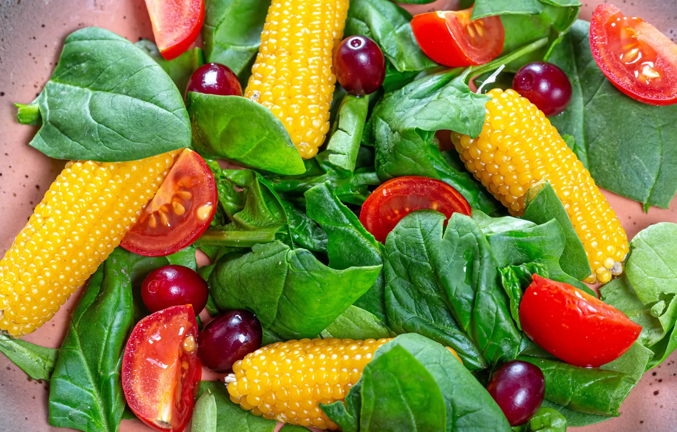 Photo wallpaper corn, grapes, tomatoes, salad, lettuce