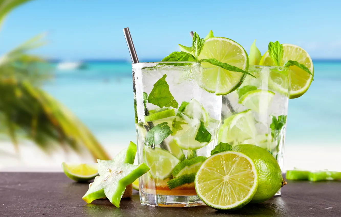 Photo wallpaper sea, beach, cocktail, lime, fresh, drink, mojito, cocktail