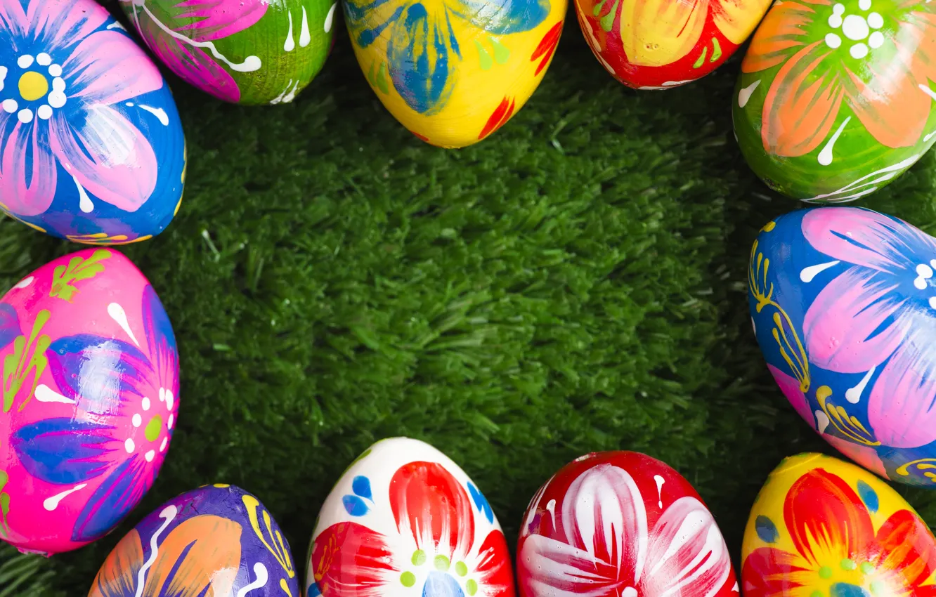 Photo wallpaper grass, spring, colorful, Easter, spring, Easter, eggs, decoration