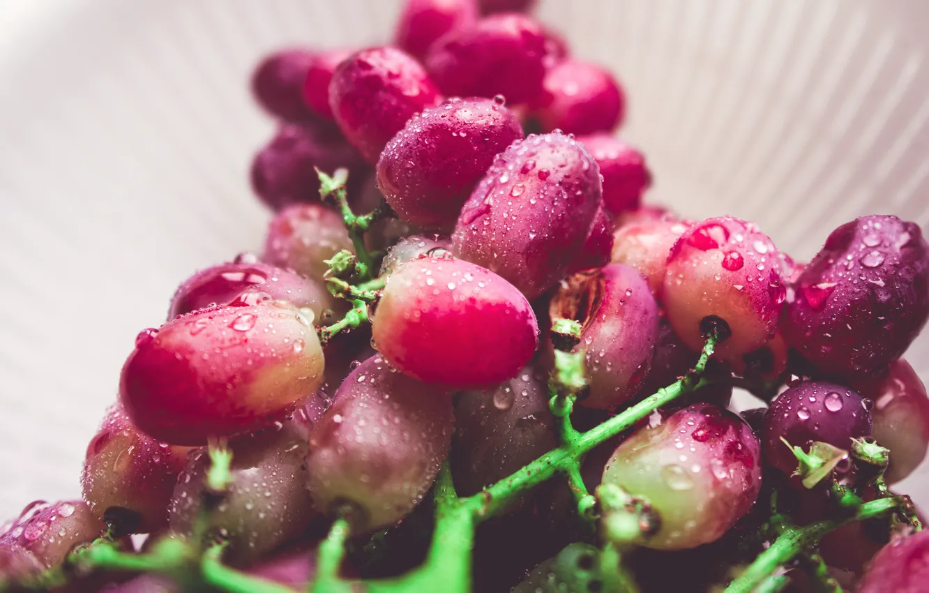 Photo wallpaper drops, grapes, pink, bowl, bunch of grapes