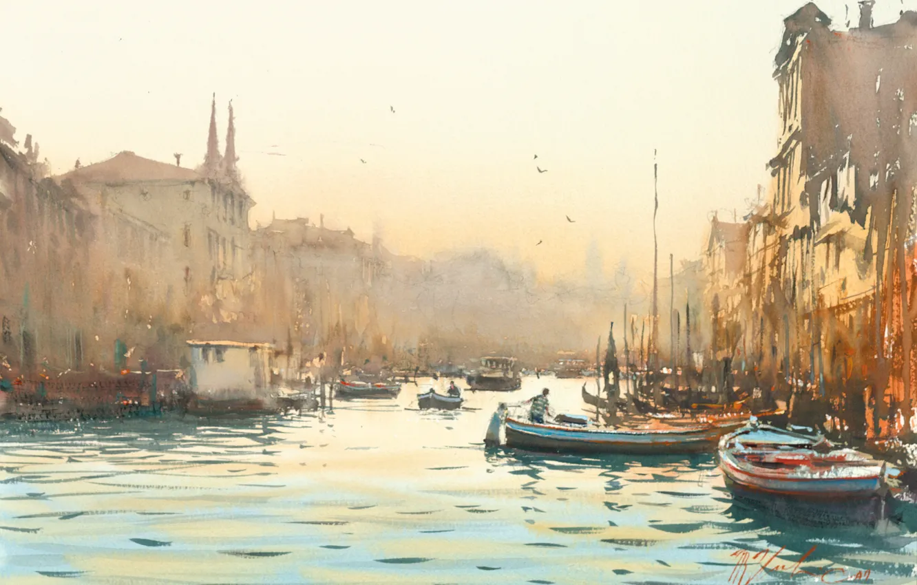 Photo wallpaper dawn, boats, watercolor, Venice, channels
