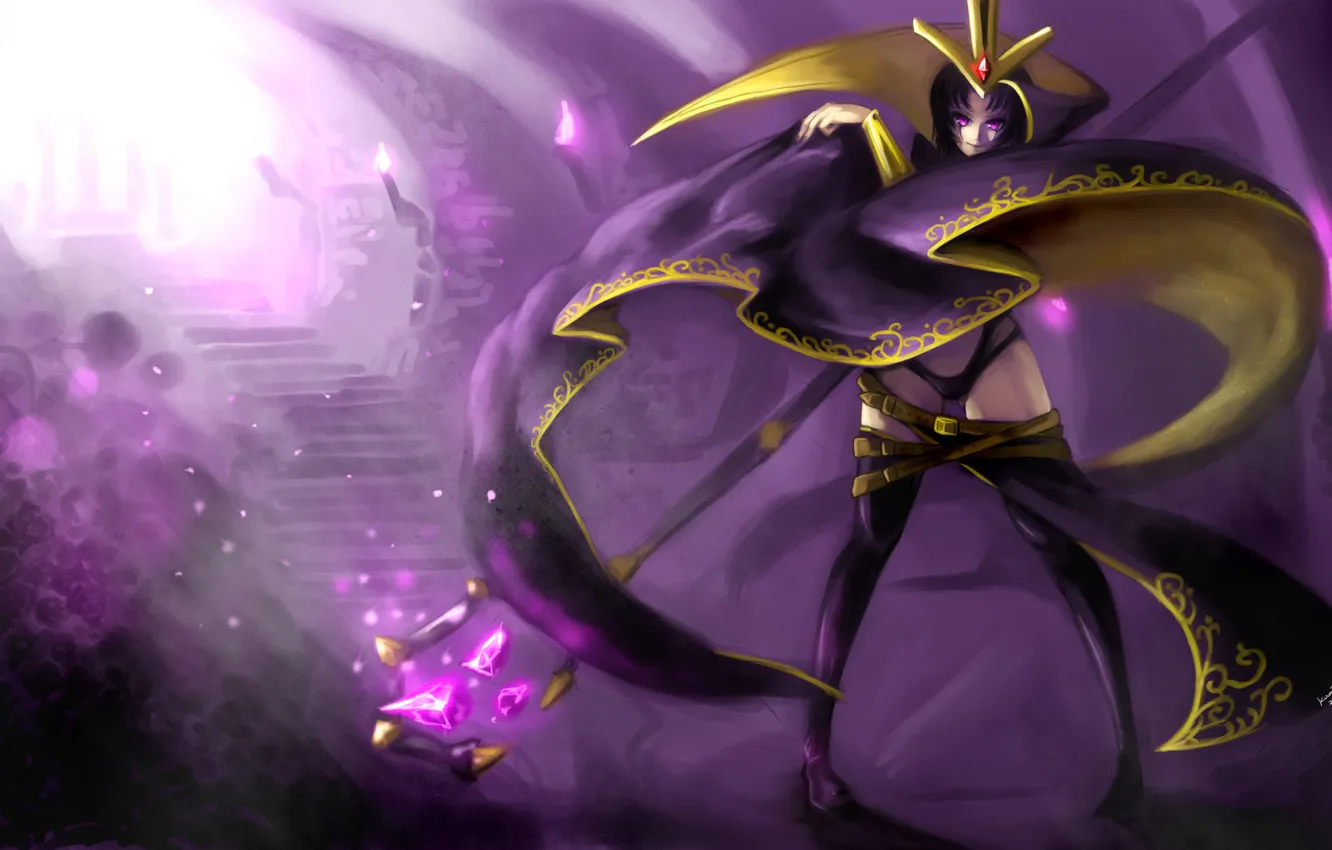 Photo wallpaper girl, smile, weapons, cloak, art, League of Legends, Kumiko, Leblanc