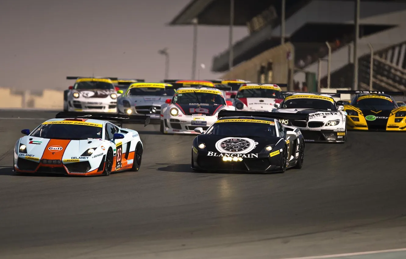 Photo wallpaper Porsche 911, BMW Z4, Race start, Mercedes SLS 500, Dubai 24 Hours, Lamborgini Gallardo