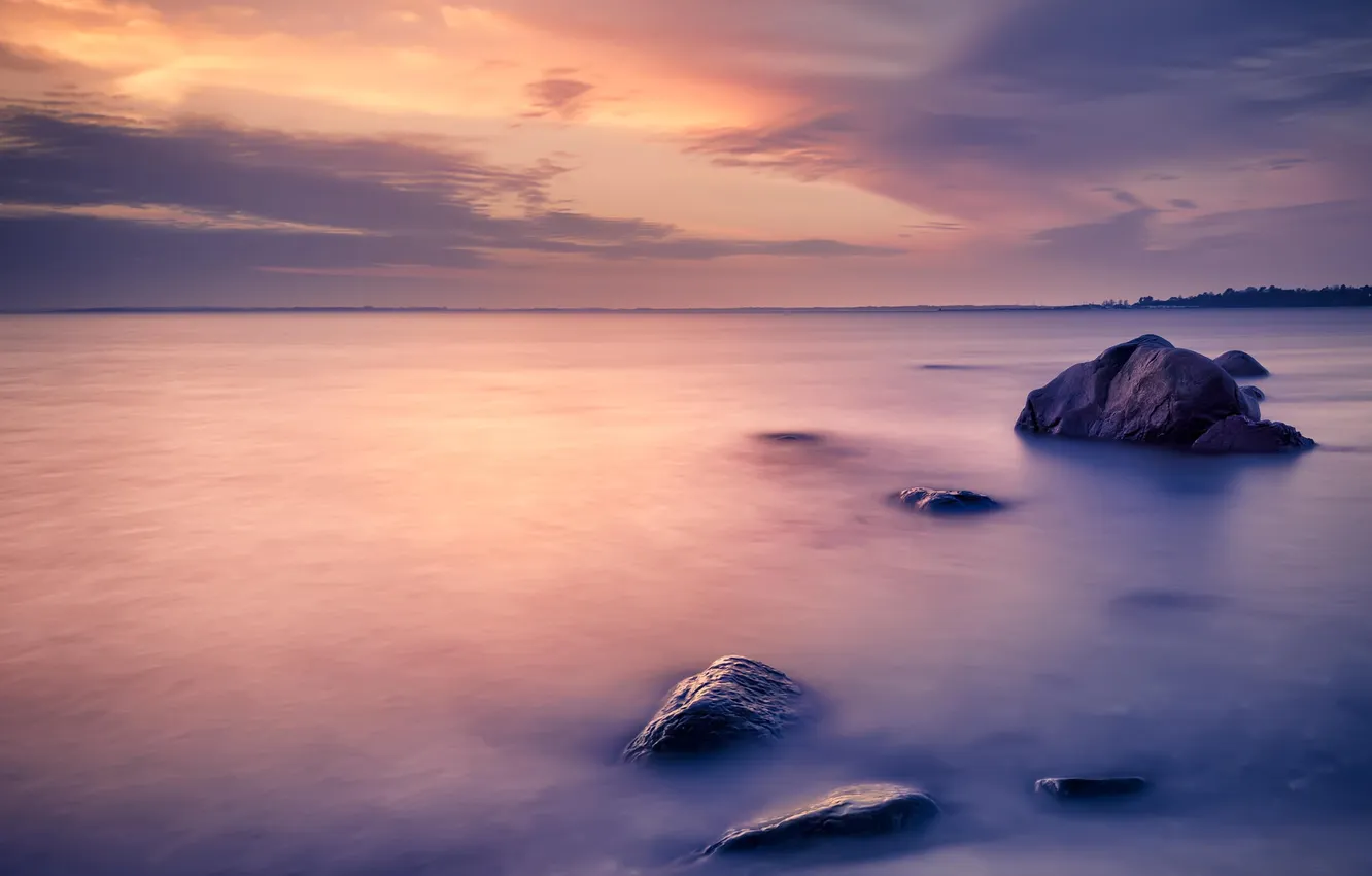 Photo wallpaper nature, stones, the ocean, dawn
