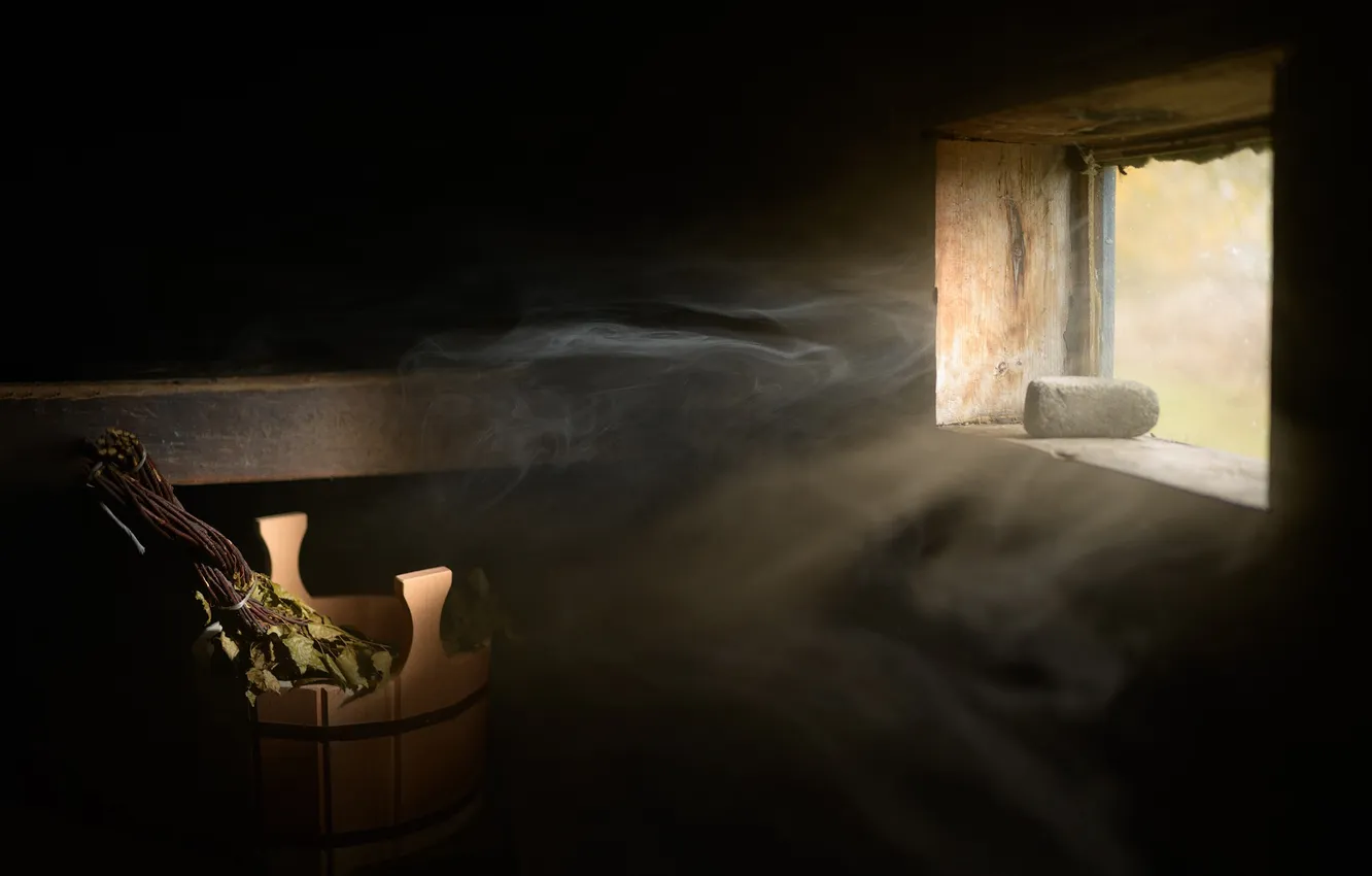 Photo wallpaper window, heat, pair, bath, temperature, shelves, bathhouse, broom