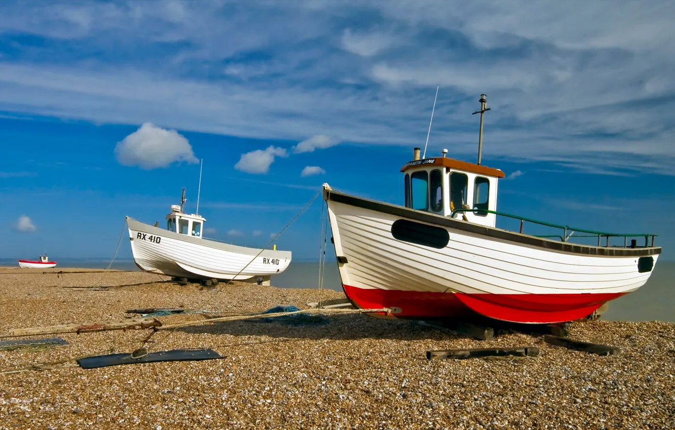 Photo wallpaper clouds, pebbles, shore, boat