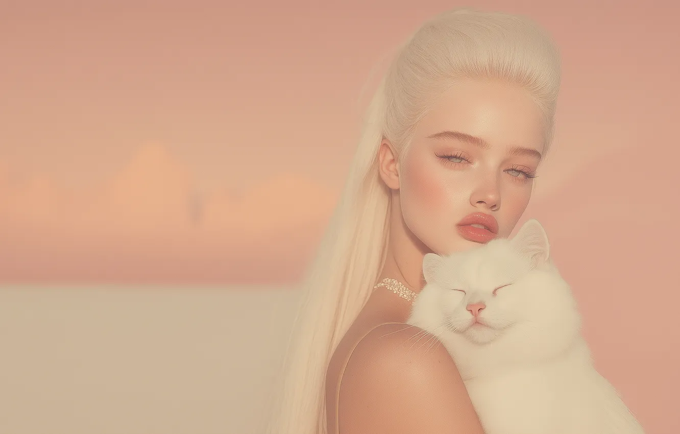 Photo wallpaper animals, sunset, model, lips, cats, blonde, pet, furry
