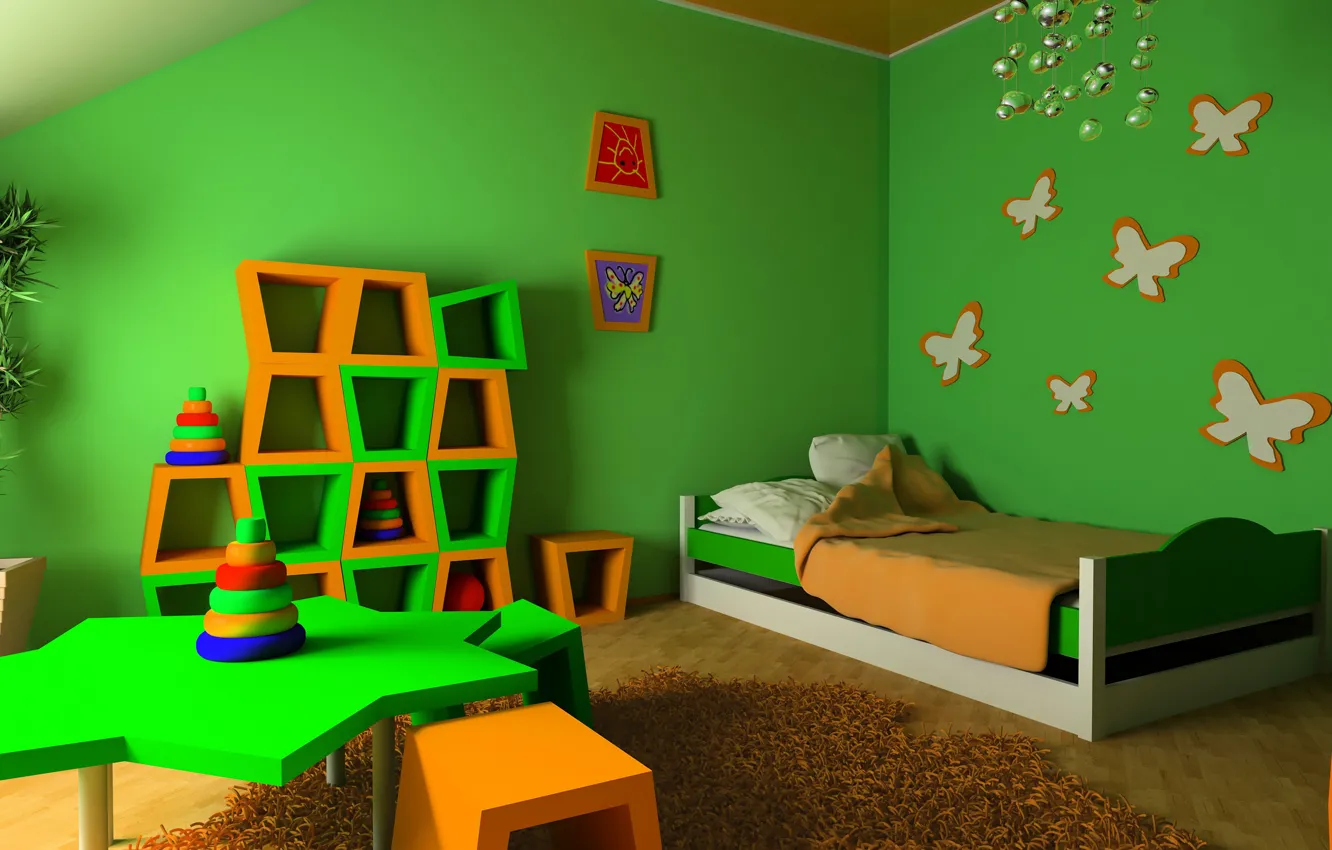 Photo wallpaper table, bed, wardrobe, bedroom, children's
