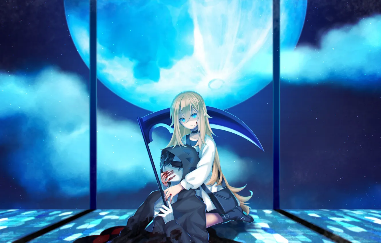 Photo wallpaper girl, night, the moon, blood, jacket, hood, guy, two