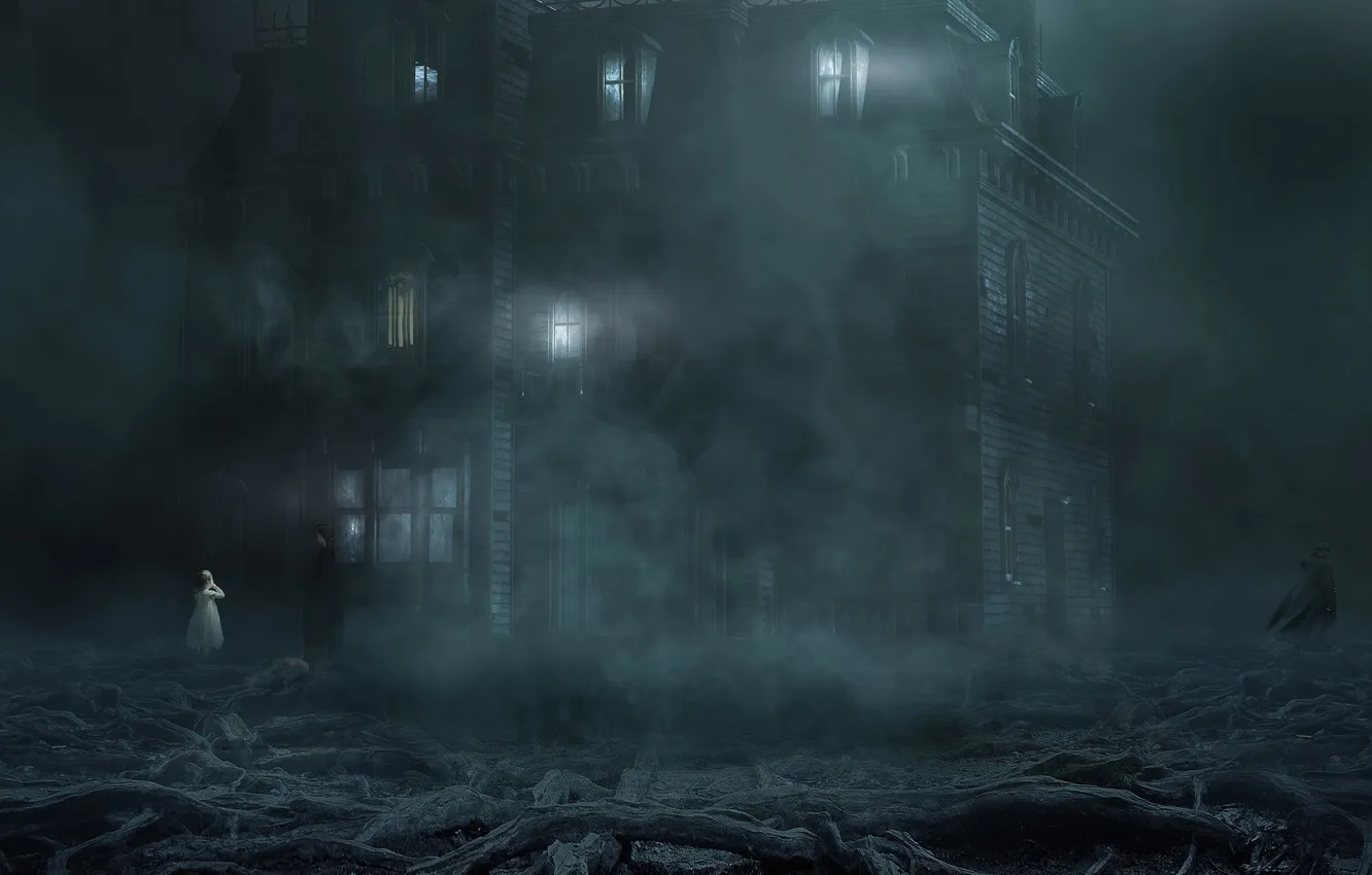 Photo wallpaper night, roots, fog, rendering, fiction, woman, building, family