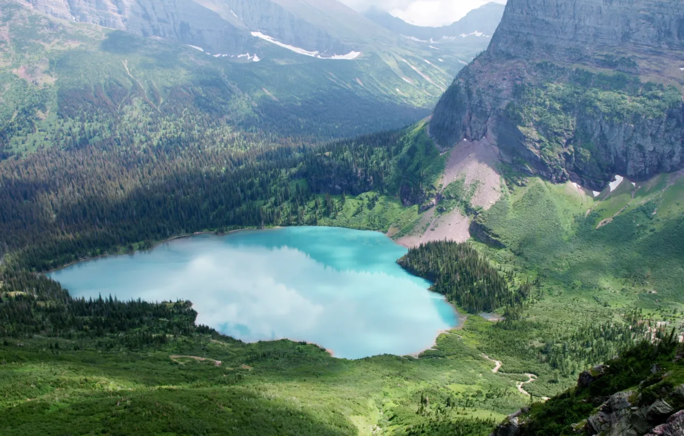 Photo wallpaper forest, water, mountains, lake, Glacier National Park