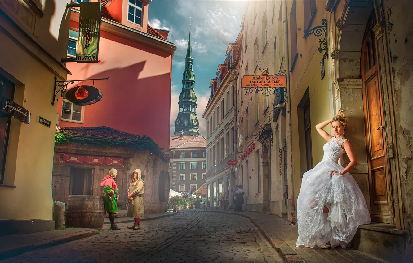 Photo wallpaper girl, the city, pose, people, building, tower, home, makeup