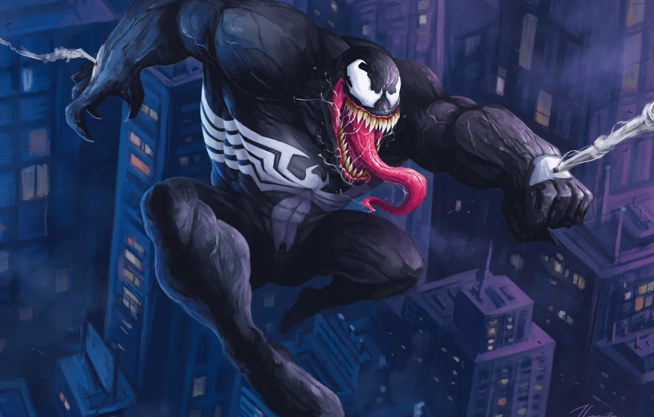 Photo wallpaper language, the city, web, spider, comics, Venom, Venom, symbiote