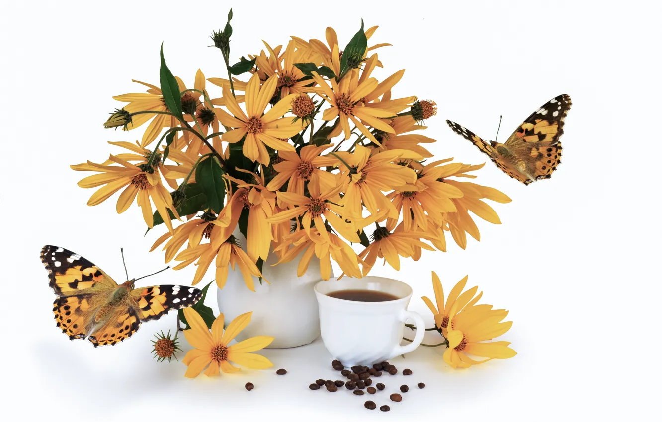 Photo wallpaper butterfly, coffee, Cup, vase, grain, Jerusalem artichoke